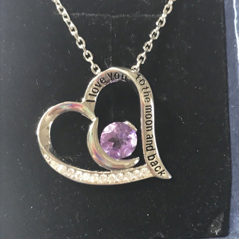 Sterling Silver Heart‎ Purple Stone I love you to Moon and Back 925 Necklace 18"